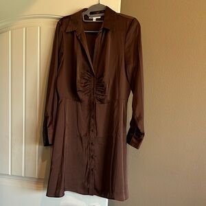 Brown Long-Sleeve Shirtdress with Ruched Front and v neck